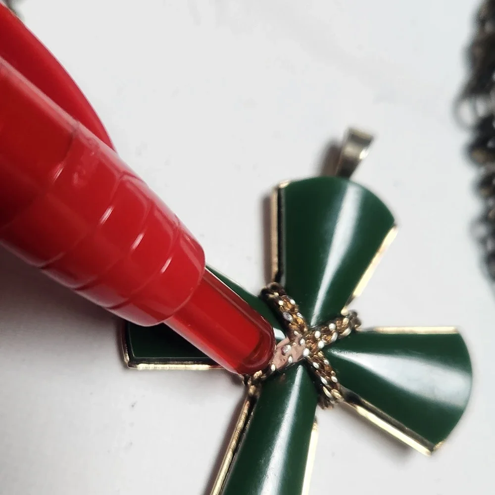 Ornate Bronze Filigree Cross Necklace and Green  acrylic Gold Tone Cross Pendant